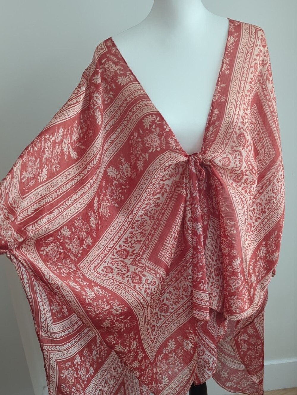 NWT Zara Rust Orange & Cream Long Paisley Open-Front Kimono Cardigan Cover-Up